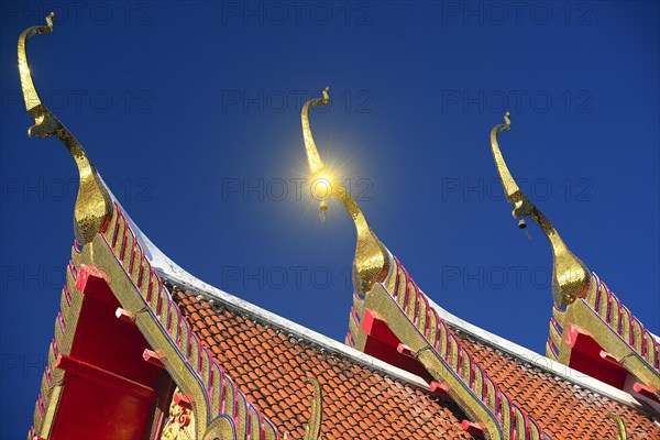 Roof ornaments and pagodas with reflections of the sun