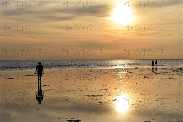 People walking on the mudflats at sunset on the North Sea