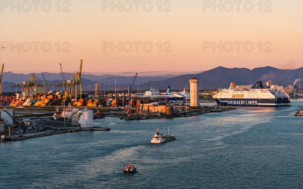 Grimaldi Lines Cruise Ship at sunset in Port of Livorno