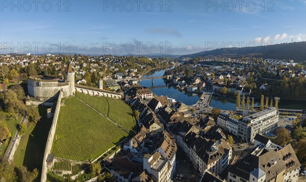 Aerial view of the town of Schaffhausen and Feuerthalen with the Munot town fortress