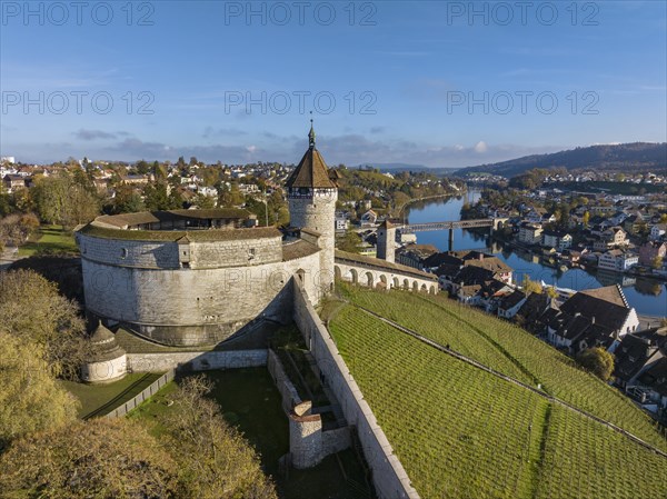 Aerial view of the town of Schaffhausen and Feuerthalen with the Munot town fortress