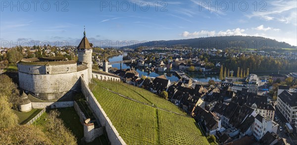 Aerial view of the town of Schaffhausen and Feuerthalen with the Munot town fortress