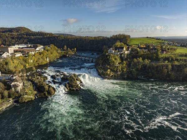 Aerial view of the Rhine Falls with Laufen Castle and the municipality of Laufen-Uhwiesen