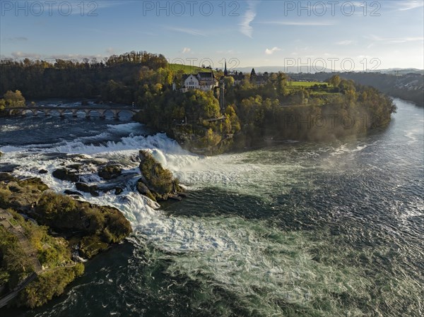 Aerial view of the Rhine Falls with Laufen Castle and the municipality of Laufen-Uhwiesen