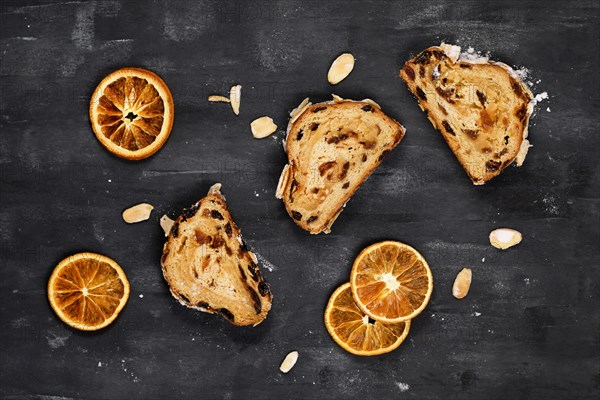 Top view of slice of German Stollen cake