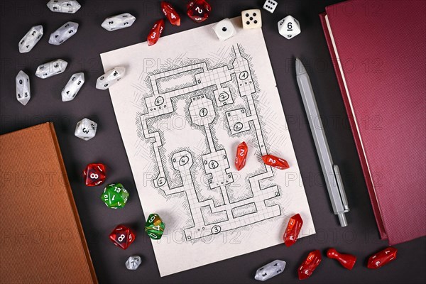 Tabletop role playing flat lay with RPG game dices