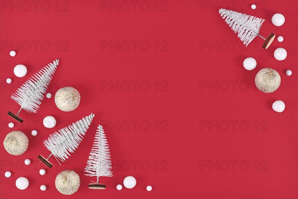 Christmas flat lay with white miniature pine trees