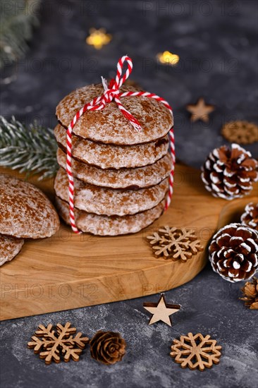 Stack of traditional German round glazed gingerbread Christmas cookie called 'Lebkuchen'