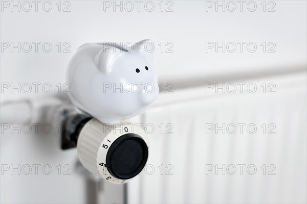 Saving money for gas for heating concept with piggy bank on radiator with copy space