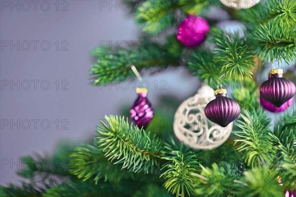 Close up of beautiful purple glass tree bauble with decorated Christmas tree with other seasonal tree ornaments on light violet background