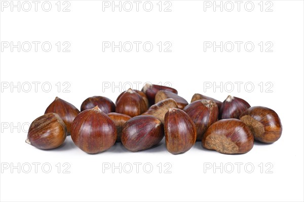 Bunch of raw sweet chestnuts on white background