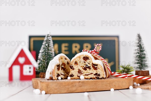 Cut open German Stollen cake