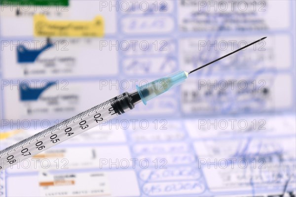 Dog vaccination concept with syringe injection on blurry European pet passport in background