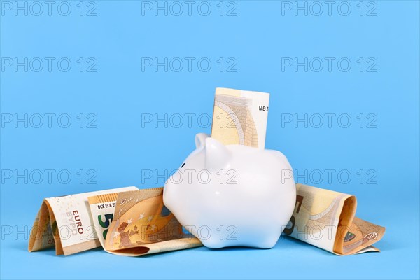 Saving money concept. White piggy bank with 50 Euro bills on blue background