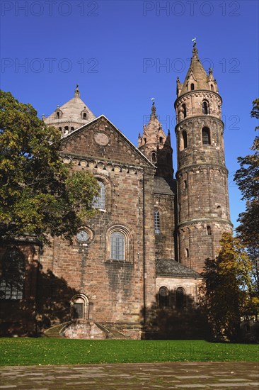 Facade of old historic Roman Catholic St Peters Cathedral in city of Worms in Germany