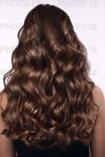 A closeup view of a bunch of shiny curls brown hair