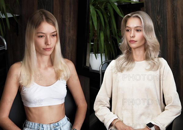 Woman before after dyeing her hair. Rear view