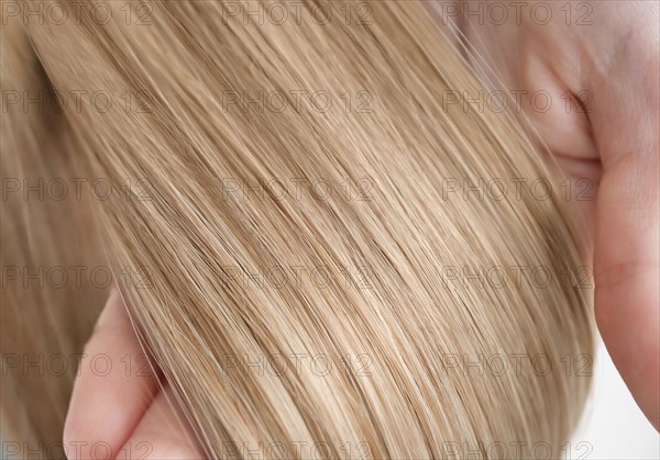 A strand of blond hair on a white background. Close-up
