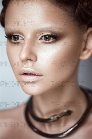 Beautiful girl with art makeup and a fashionable hairdo with decoration in the form of a snake. The beauty of the face. Portrait shot in studio