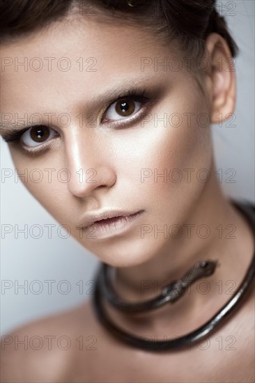 Beautiful girl with art makeup and a fashionable hairdo with decoration in the form of a snake. The beauty of the face. Portrait shot in studio