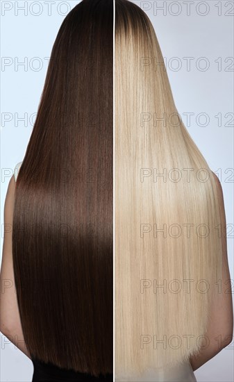 Woman before after hair coloring. Rear view