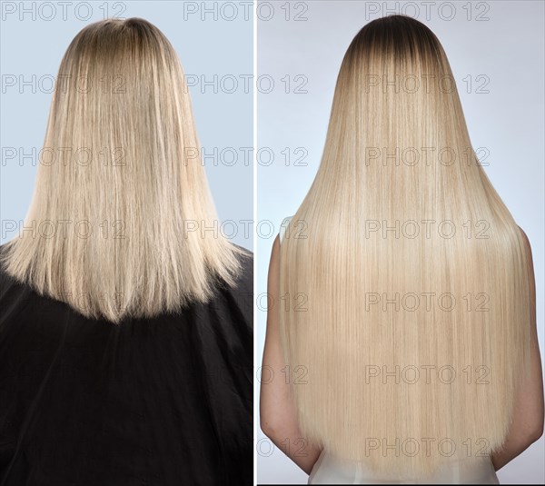 Woman before after hair extensions. Back view. Close-up
