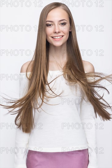 Pretty girl with smile in fashionable stylish clothes