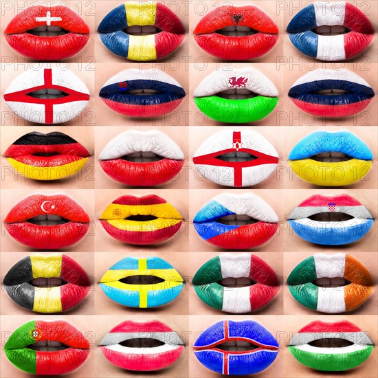 Collection of Female lips close up with a picture flags of europe