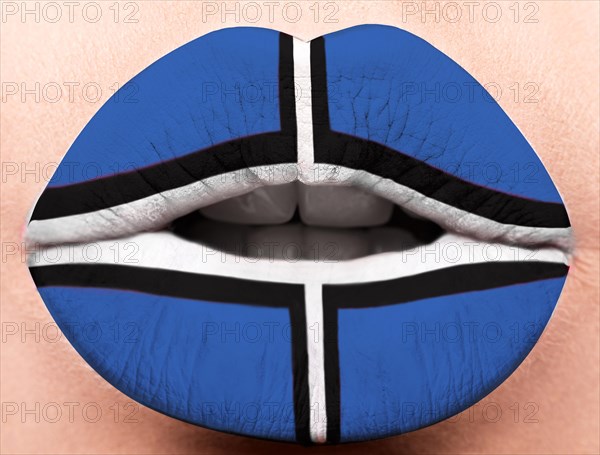 Female lips close up with a picture of the flag of Poland. white