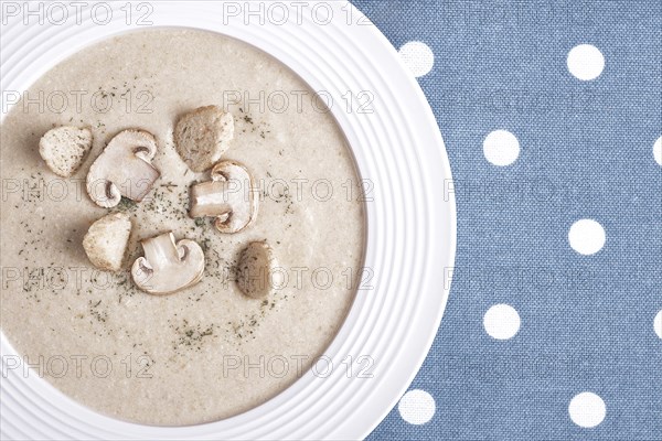 Creamy chicken soup with mushrooms on a white plate