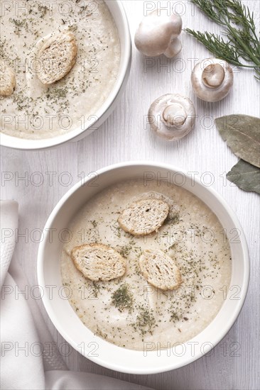 Creamy chicken soup with mushrooms on a white plate