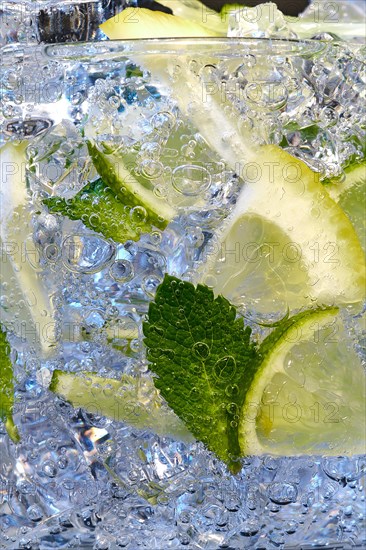 Glass of Mojito summer alcoholic cocktail with ice cubes mint and lime on white background with raw lime and mint leaf