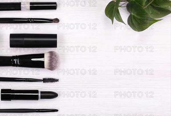 Set of brushes and cosmetic products in a cosmetic bag on a white background