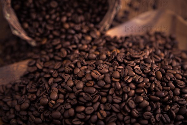 Roasted coffee beans close-up on a wooden surface