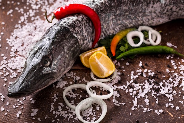 Delicious fresh fish on dark vintage background. Fish with aromatic herbs