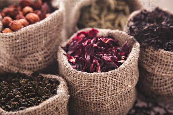 Collection of different varieties of tea in bags. White