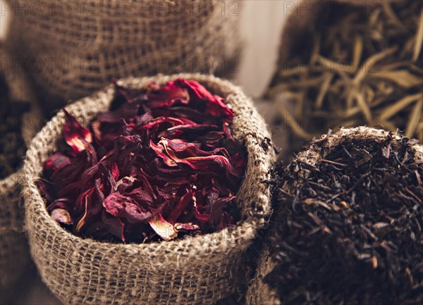 Collection of different varieties of tea in bags. White