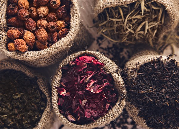 Collection of different varieties of tea in bags. White