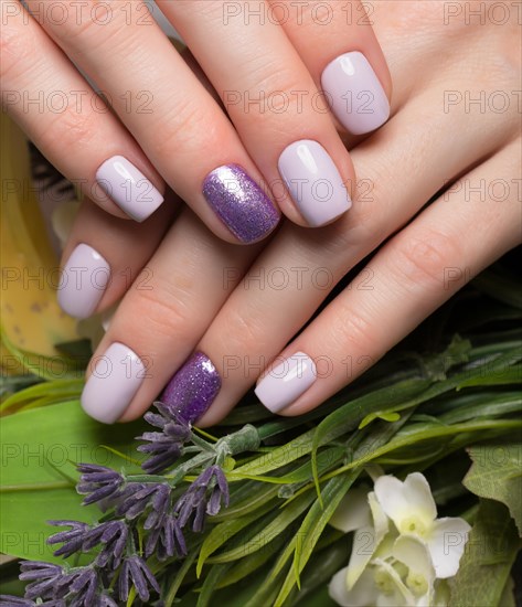 Purple neat manicure on female hands on a background of flowers. Nail design