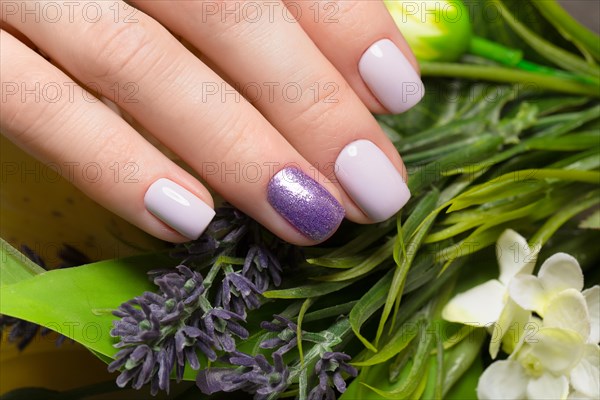 Purple neat manicure on female hands on a background of flowers. Nail design
