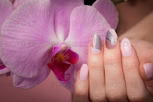 Purple neat manicure on female hands on a background of flowers. Nail design