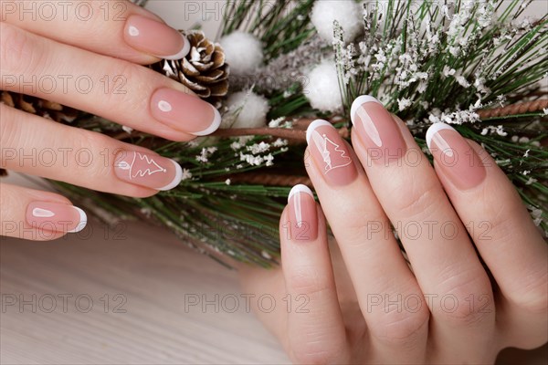 Snow White manicure on female hands. Winter nail design. Picture taken in the studio on a background of wool