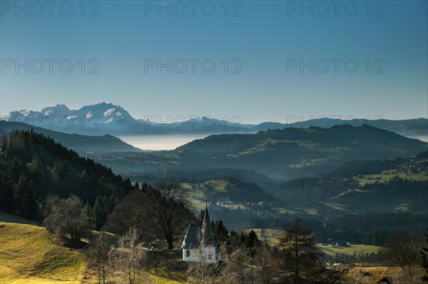 View from the high plateau Hagspiel in the Allgaeu to the mountain range of the Saentis