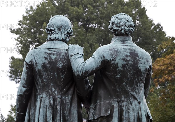 Rear view of double statue Goethe-Schiller monument by Ernst Rietschel