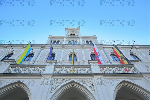 Historic neo-Gothic town hall with flags