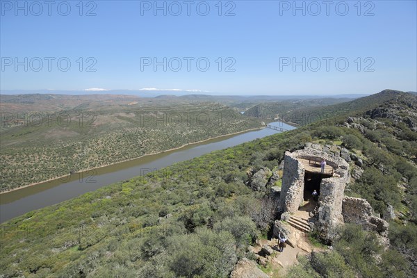 View from Castillo de Monfraguee on landscape with Rio Tajo and mountains