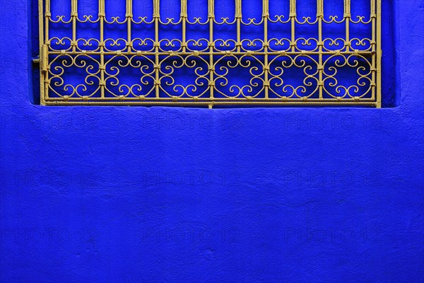 Ornate window grille in a blue wall