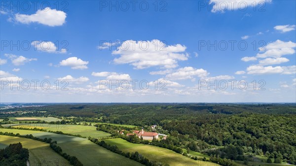 Aerial view of Oberschoenenfeld Monastery in Augsburg Westliche Waelder nature park Park