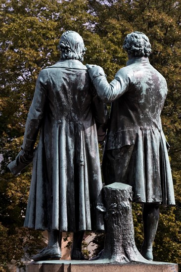 Rear view of double statue Goethe-Schiller monument by Ernst Rietschel