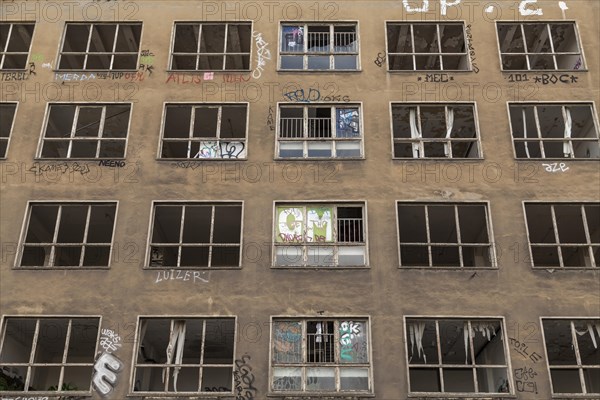 Building facade with broken windows